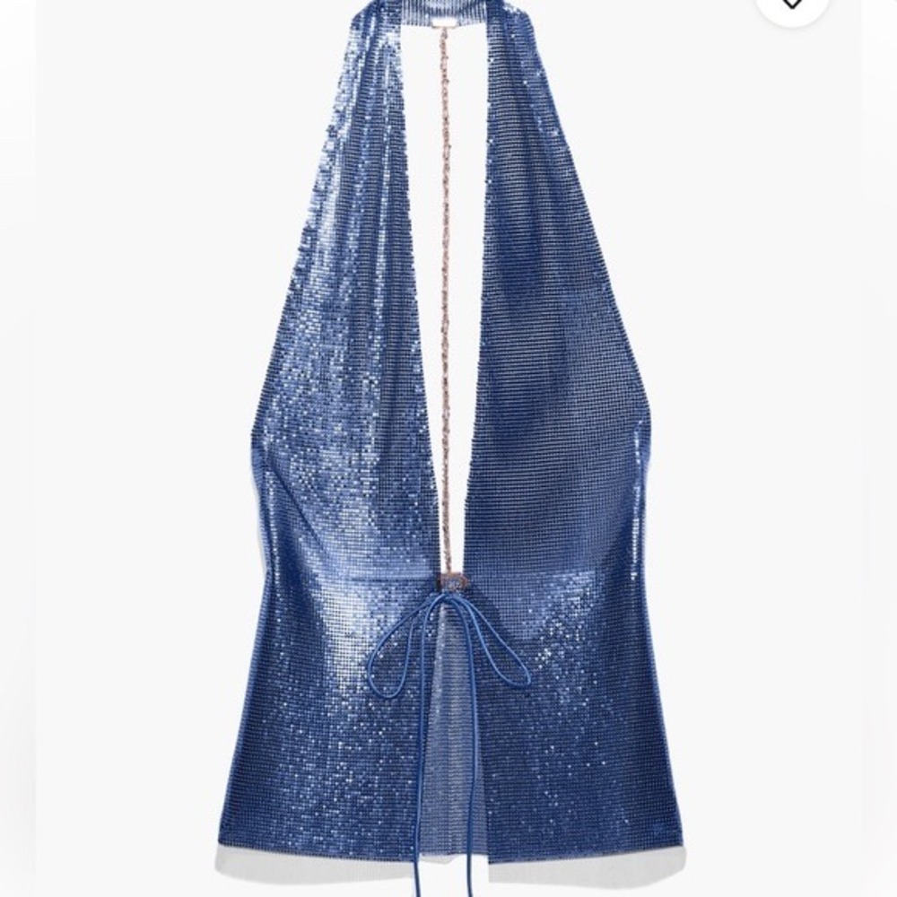 Savage X Fenty Chainmail Halter Top Women Blue Metallic Open Back Tie Front